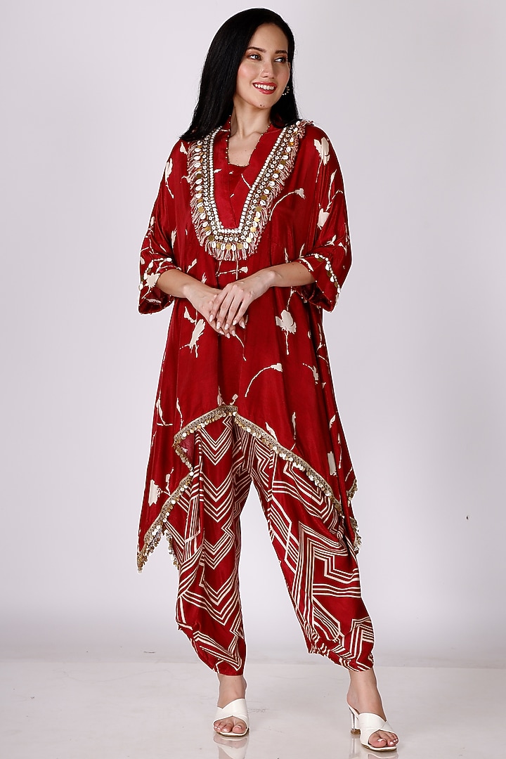 Maroon & Cream Gajji Silk Floral Cowl Pant Set by Inddivogue at Pernia's Pop Up Shop