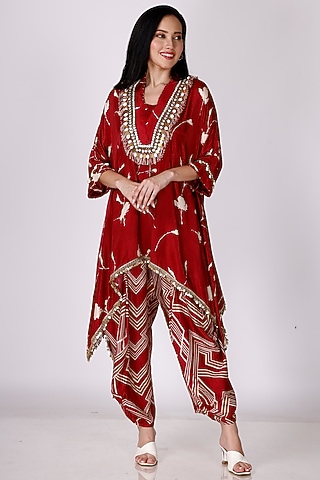 Maroon & Cream Gajji Silk Floral Cowl Pant Set by Inddivogue