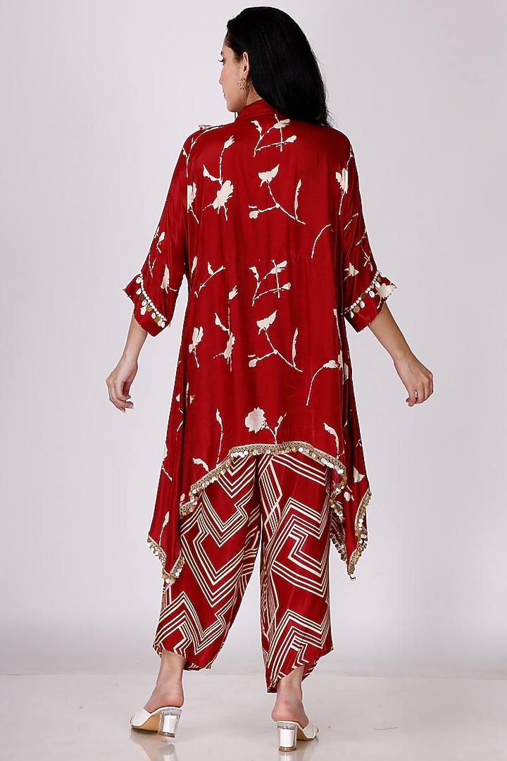 Maroon & Cream Gajji Silk Floral Cowl Pant Set by Inddivogue at Pernia's Pop Up Shop