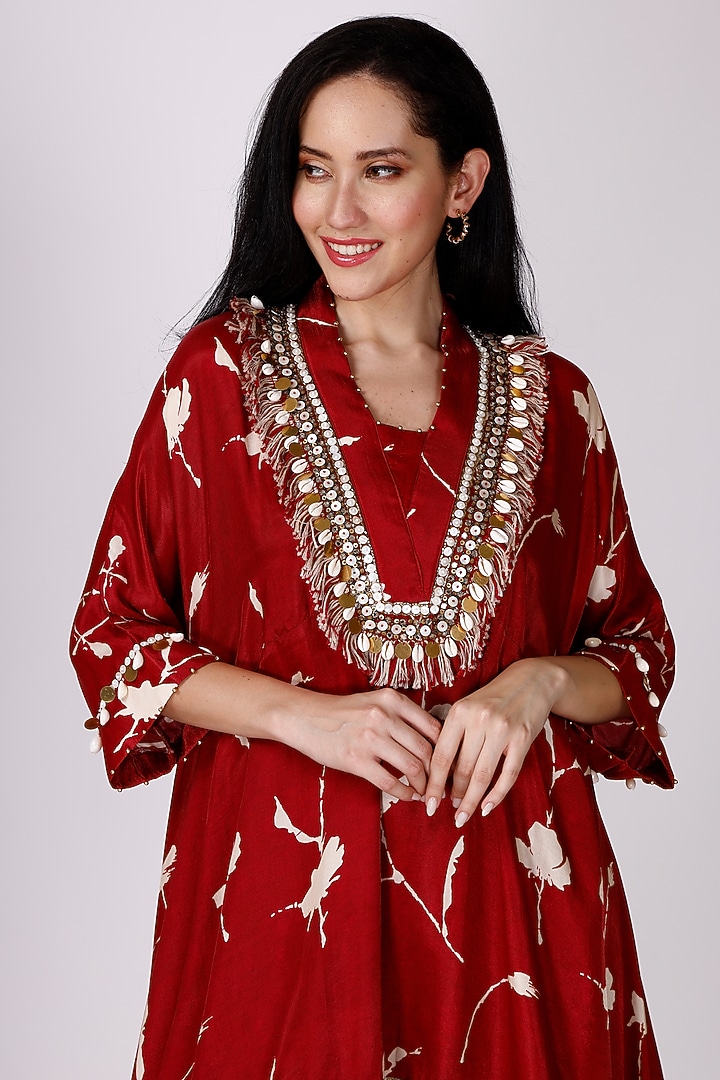 Maroon & Cream Gajji Silk Floral Cowl Pant Set by Inddivogue at Pernia's Pop Up Shop