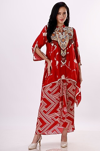 Red & Cream Gajji Silk Draped Skirt Set by Inddivogue