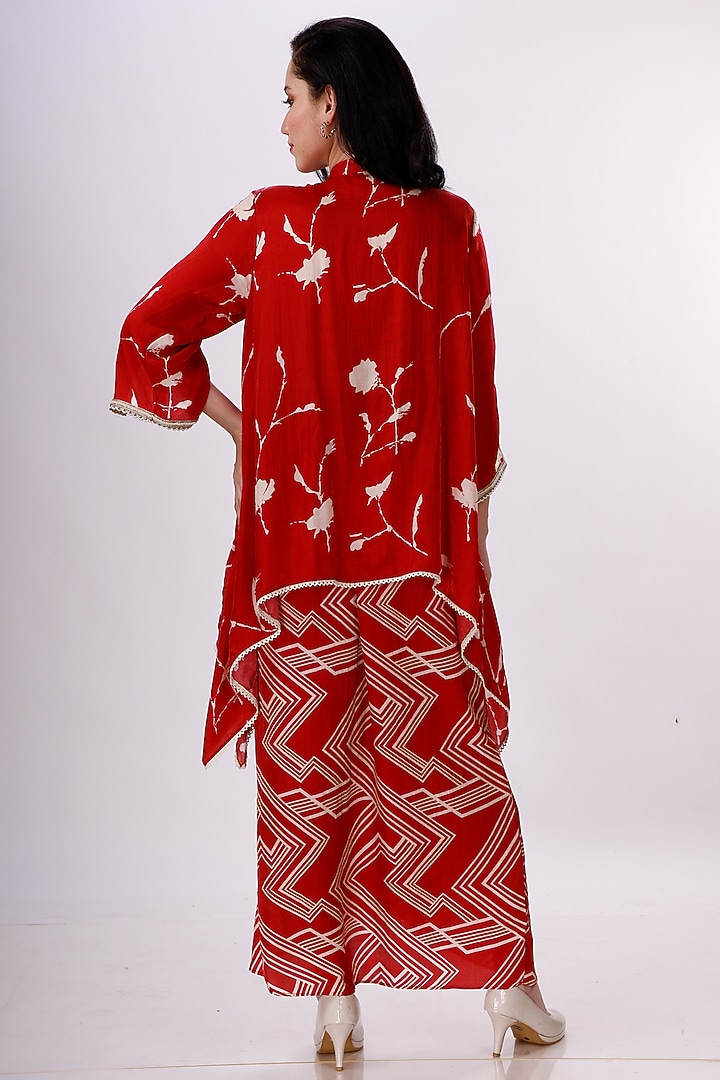 Red & Cream Gajji Silk Draped Skirt Set by Inddivogue at Pernia's Pop Up Shop