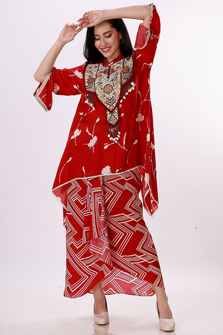 Red & Cream Gajji Silk Draped Skirt Set by Inddivogue at Pernia's Pop Up Shop