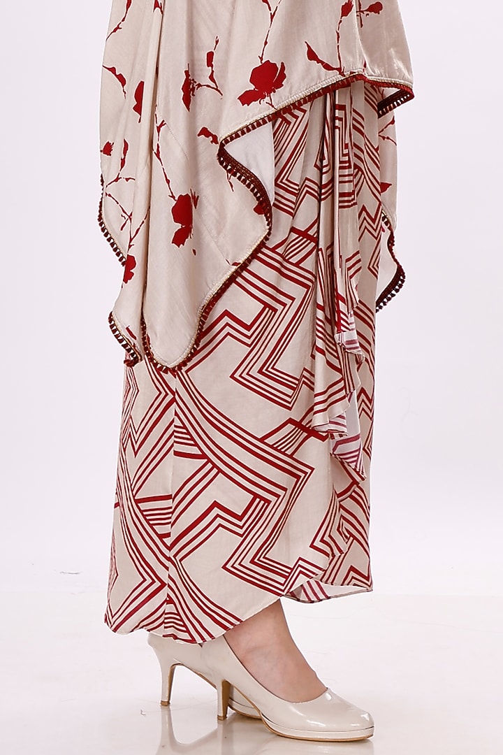 Cream & Maroon Gajji Silk Draped Skirt Set by Inddivogue at Pernia's Pop Up Shop