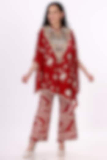 Maroon & Cream Gajji Silk Handwork Cape Set by Inddivogue at Pernia's Pop Up Shop