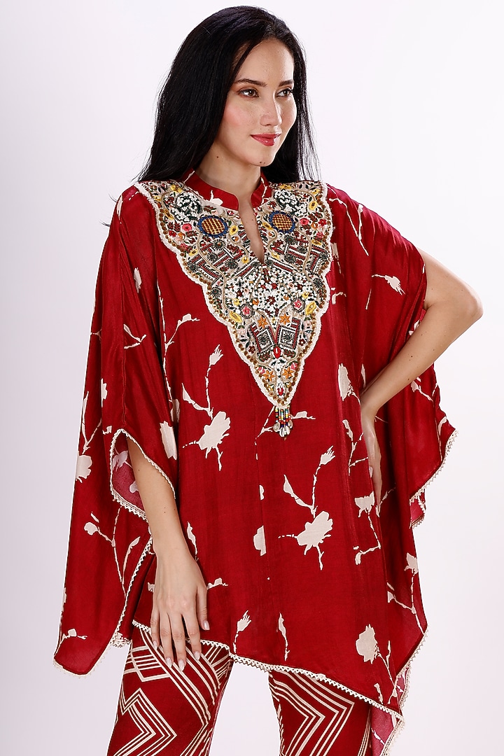 Maroon & Cream Gajji Silk Handwork Cape Set by Inddivogue at Pernia's Pop Up Shop