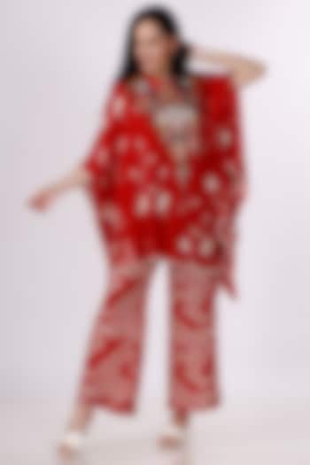 Red & Cream Gajji Silk Handwork Cape Set by Inddivogue at Pernia's Pop Up Shop