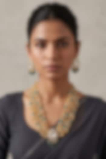 Gold Finish Kundan Polki & Citrine Beaded Layered Necklace Set by IndieBlingz at Pernia's Pop Up Shop