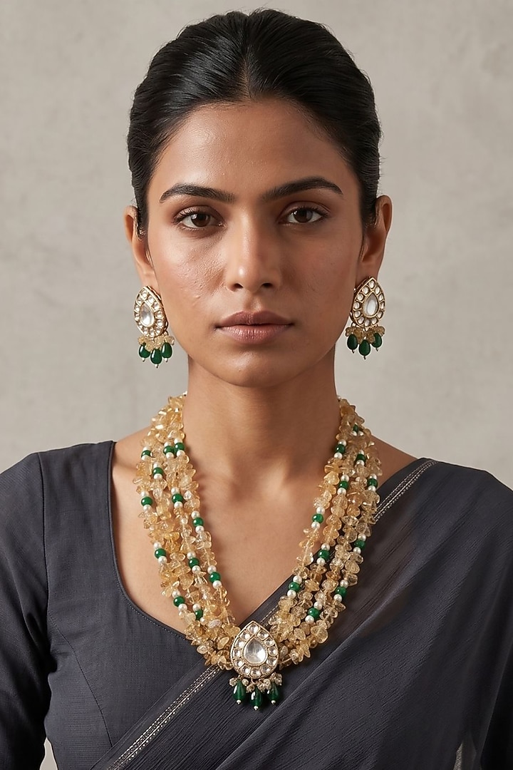 Gold Finish Kundan Polki & Citrine Beaded Layered Necklace Set by IndieBlingz at Pernia's Pop Up Shop