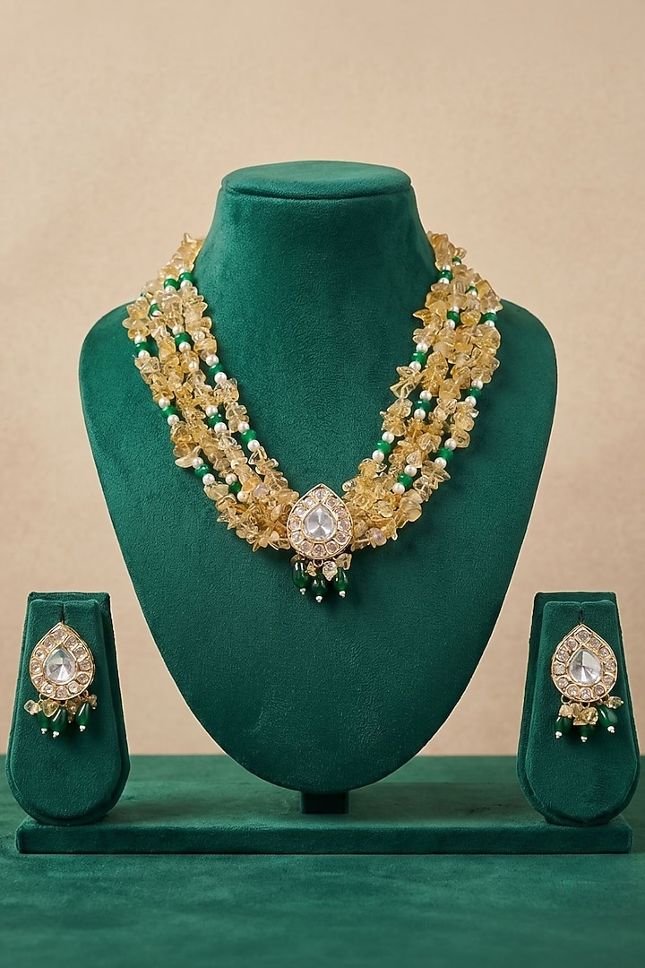 Gold Finish Kundan Polki & Citrine Beaded Layered Necklace Set by IndieBlingz at Pernia's Pop Up Shop