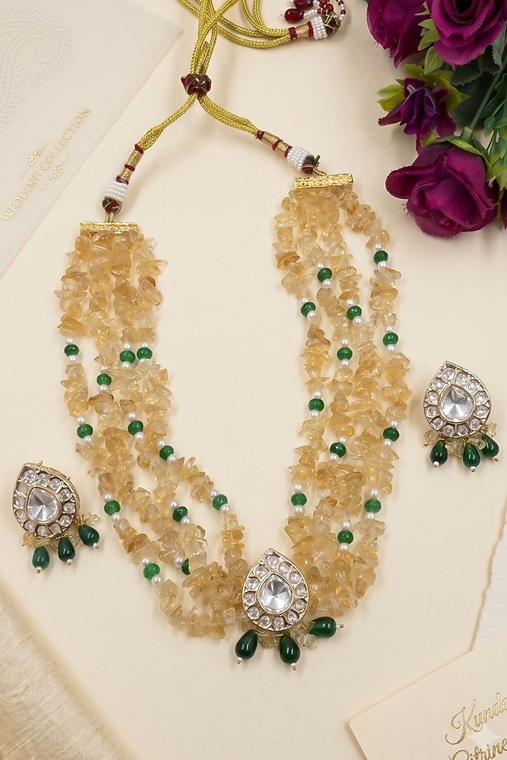 Gold Finish Kundan Polki & Citrine Beaded Layered Necklace Set by IndieBlingz at Pernia's Pop Up Shop
