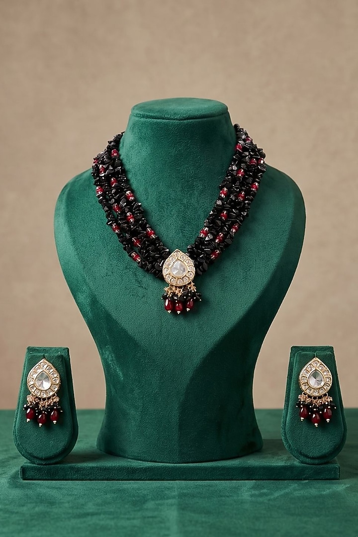 Gold Finish Kundan Polki & Black Onyx Beaded Layered Necklace Set by IndieBlingz at Pernia's Pop Up Shop
