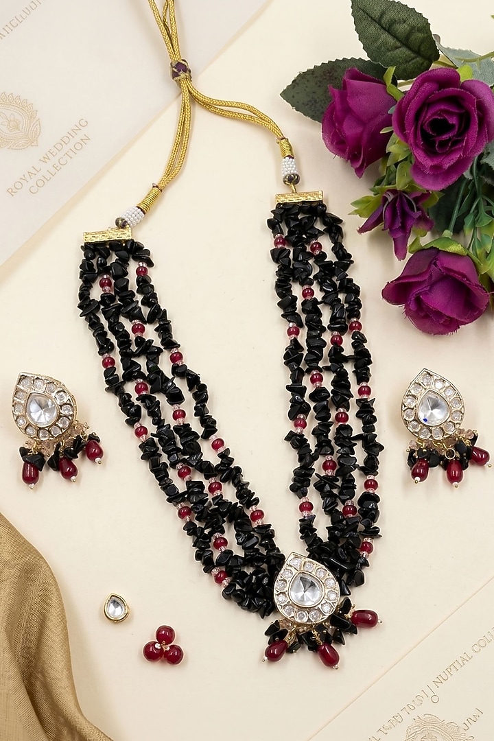 Gold Finish Kundan Polki & Black Onyx Beaded Layered Necklace Set by IndieBlingz at Pernia's Pop Up Shop