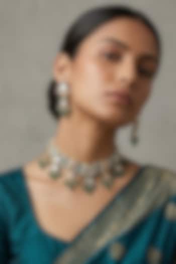 Gold Finish Kundan Polki & Green Beaded Meenakari Choker Necklace Set by IndieBlingz at Pernia's Pop Up Shop
