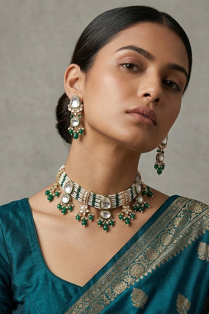 Gold Finish Kundan Polki & Green Beaded Meenakari Choker Necklace Set by IndieBlingz at Pernia's Pop Up Shop