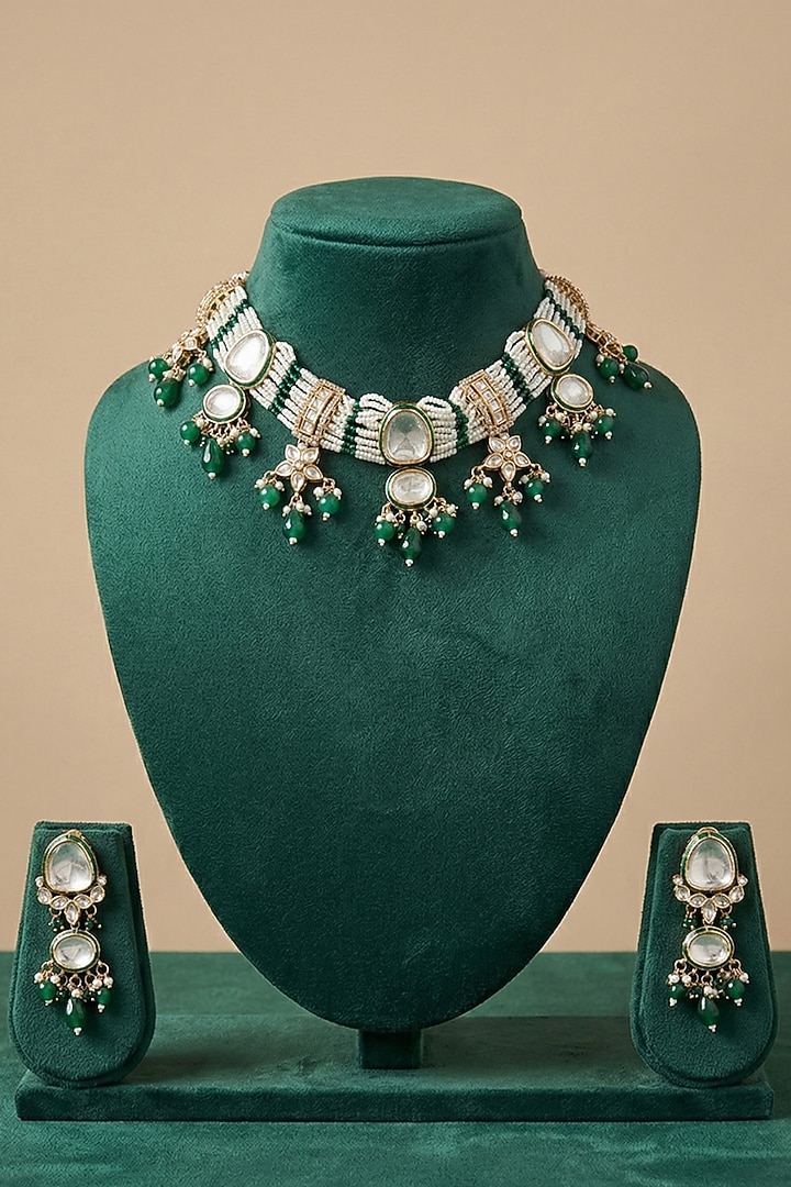 Gold Finish Kundan Polki & Green Beaded Meenakari Choker Necklace Set by IndieBlingz at Pernia's Pop Up Shop