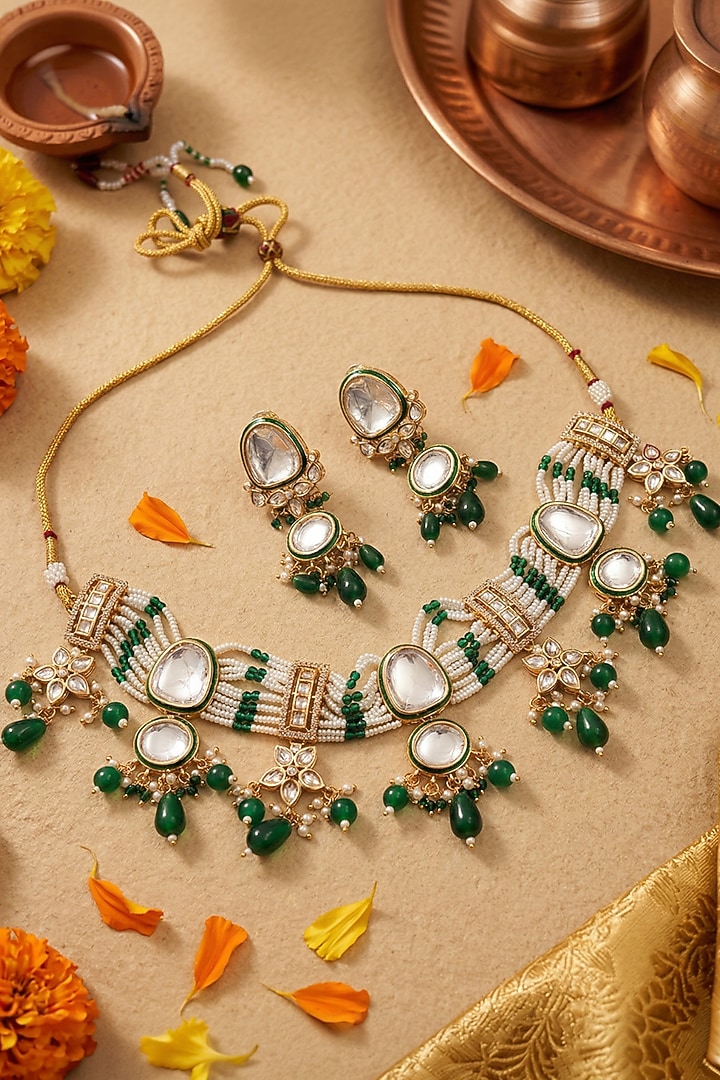 Gold Finish Kundan Polki & Green Beaded Meenakari Choker Necklace Set by IndieBlingz at Pernia's Pop Up Shop