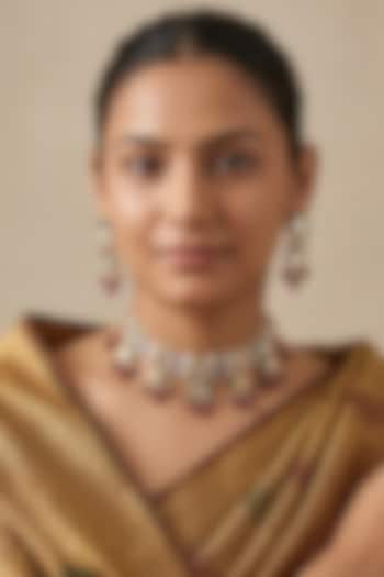 Gold Finish Kundan Polki & Red Beaded Meenakari Choker Necklace Set by IndieBlingz at Pernia's Pop Up Shop