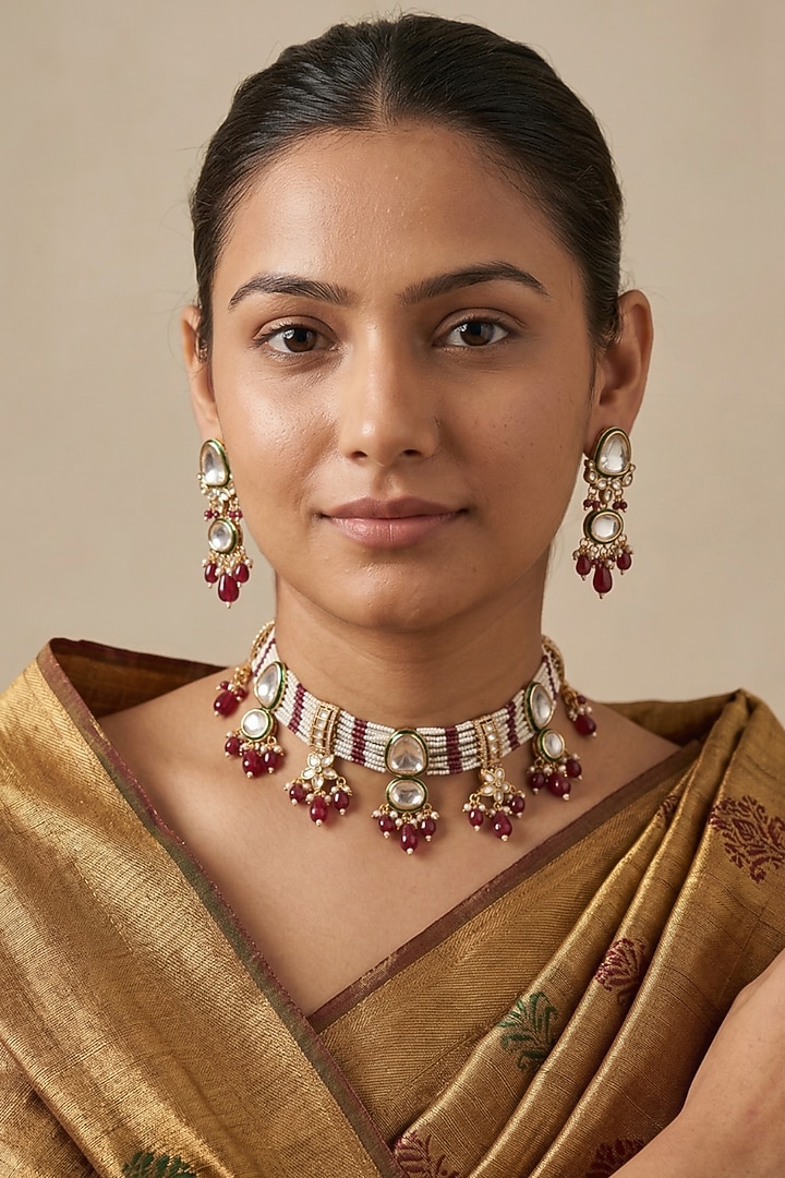 Gold Finish Kundan Polki & Red Beaded Meenakari Choker Necklace Set by IndieBlingz at Pernia's Pop Up Shop
