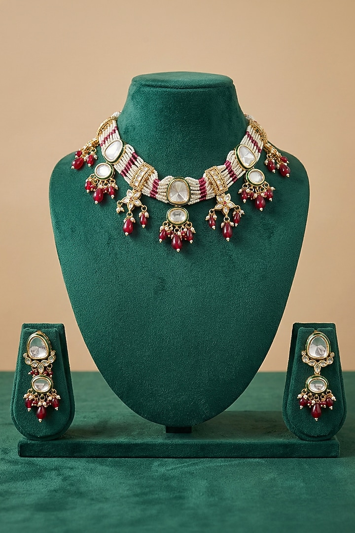Gold Finish Kundan Polki & Red Beaded Meenakari Choker Necklace Set by IndieBlingz at Pernia's Pop Up Shop