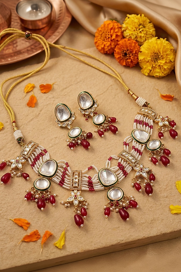 Gold Finish Kundan Polki & Red Beaded Meenakari Choker Necklace Set by IndieBlingz at Pernia's Pop Up Shop