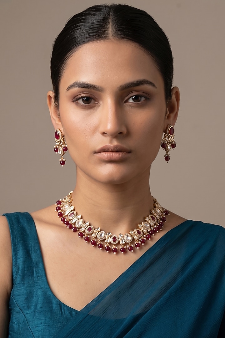 Gold Finish Kundan Polki & Red Beaded Necklace Set by IndieBlingz at Pernia's Pop Up Shop