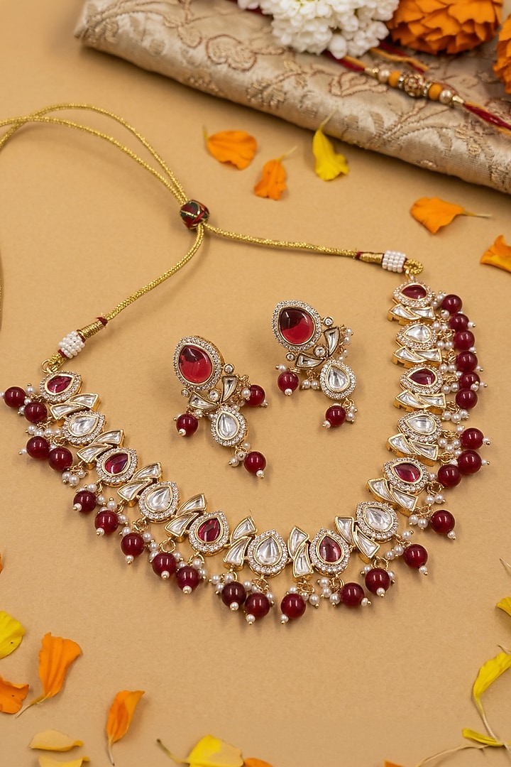 Gold Finish Kundan Polki & Red Beaded Necklace Set by IndieBlingz at Pernia's Pop Up Shop