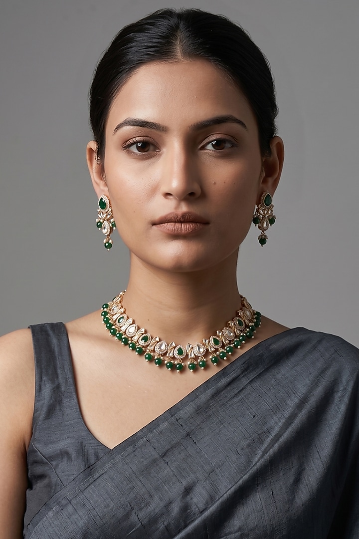 Gold Finish Kundan Polki & Green Beaded Necklace Set by IndieBlingz at Pernia's Pop Up Shop
