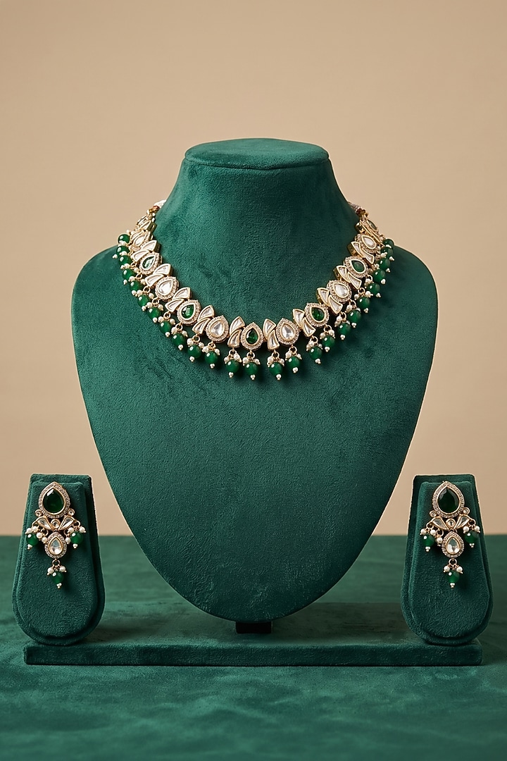 Gold Finish Kundan Polki & Green Beaded Necklace Set by IndieBlingz at Pernia's Pop Up Shop
