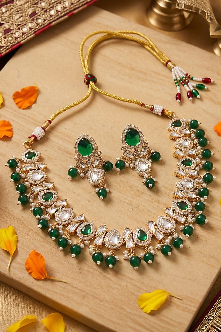 Gold Finish Kundan Polki & Green Beaded Necklace Set by IndieBlingz at Pernia's Pop Up Shop