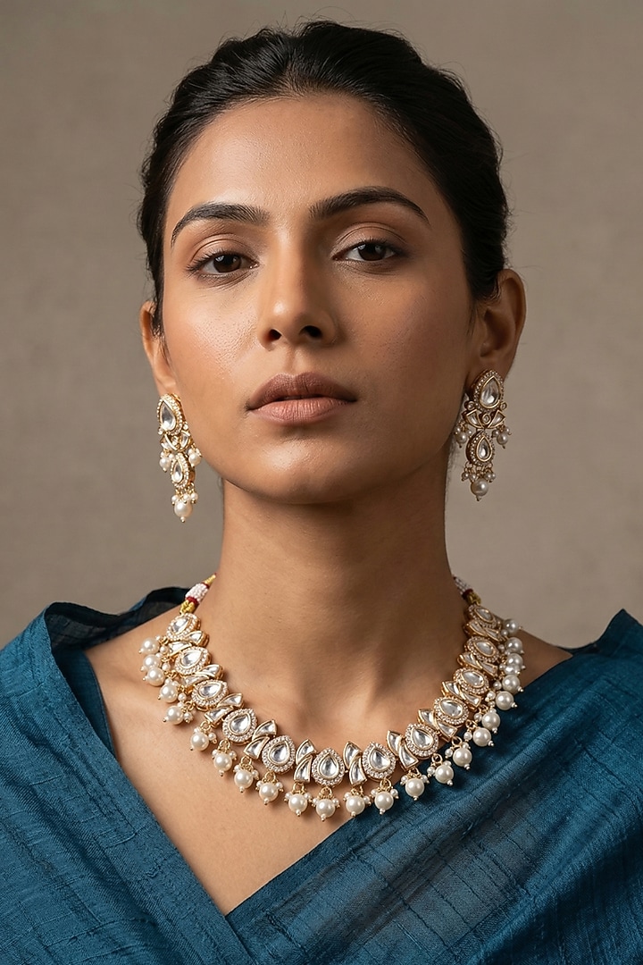 Gold Finish Kundan Polki & Pearl Beaded Necklace Set by IndieBlingz at Pernia's Pop Up Shop