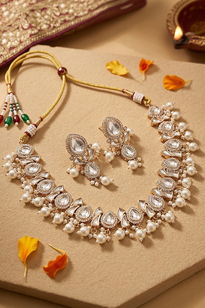 Gold Finish Kundan Polki & Pearl Beaded Necklace Set by IndieBlingz at Pernia's Pop Up Shop