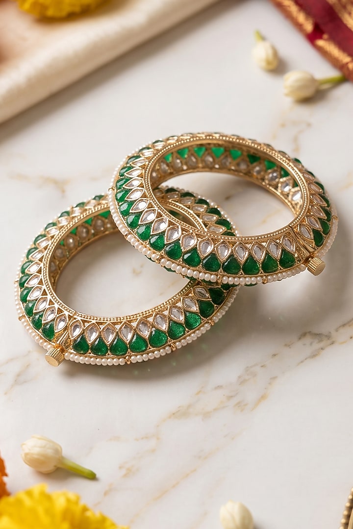 Gold Finish Kundan Polki & Green Enameled Bangles (Set Of 2) by IndieBlingz at Pernia's Pop Up Shop