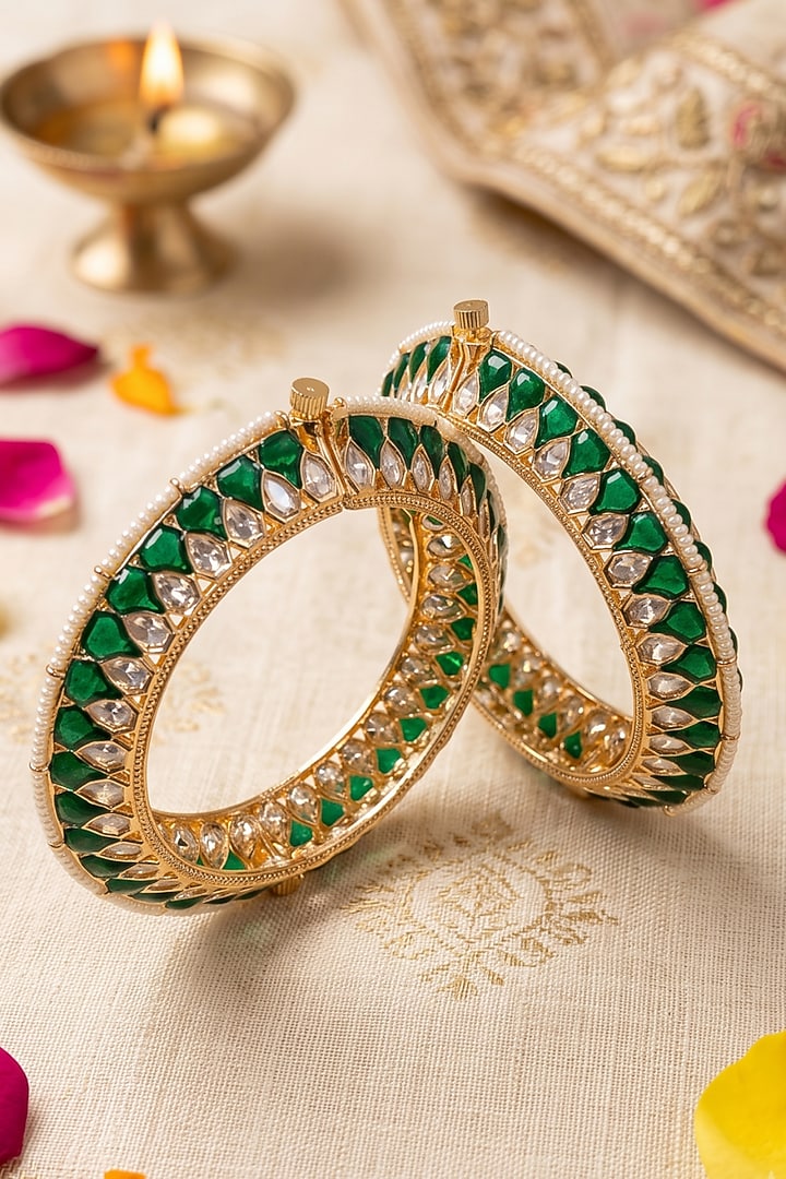 Gold Finish Kundan Polki & Green Enameled Bangles (Set Of 2) by IndieBlingz at Pernia's Pop Up Shop