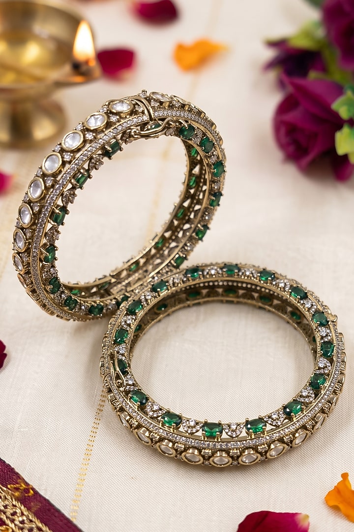Victorian Finish Kundan Polki & Ruby Stone Bangles (Set Of 2) by IndieBlingz at Pernia's Pop Up Shop