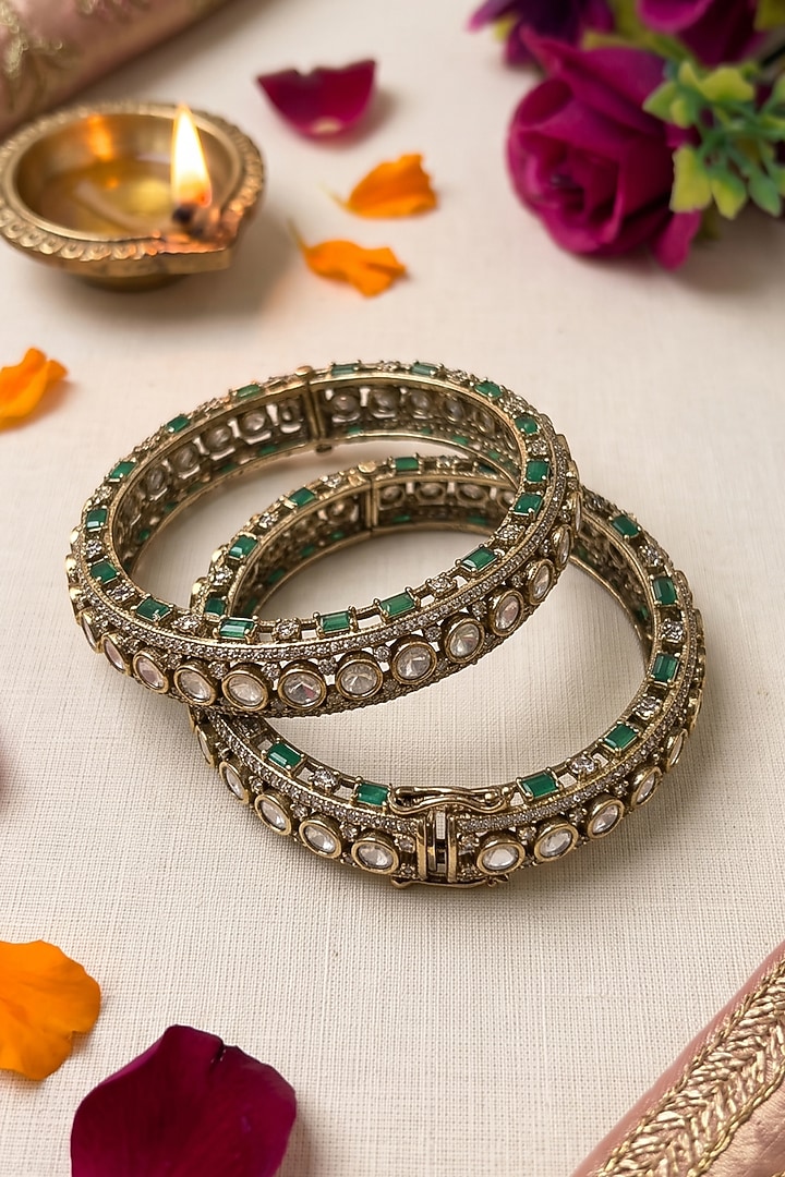 Victorian Finish Kundan Polki & Ruby Stone Bangles (Set Of 2) by IndieBlingz at Pernia's Pop Up Shop