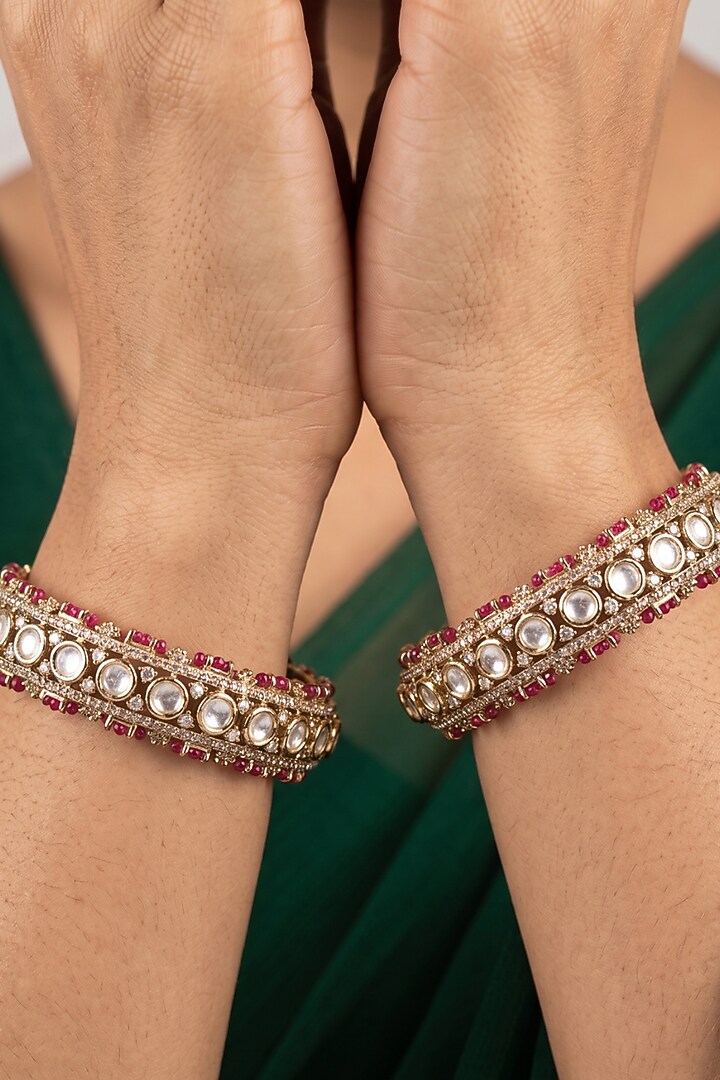Victorian Finish Kundan Polki & Emerald Stone Bangles (Set Of 2) by IndieBlingz at Pernia's Pop Up Shop