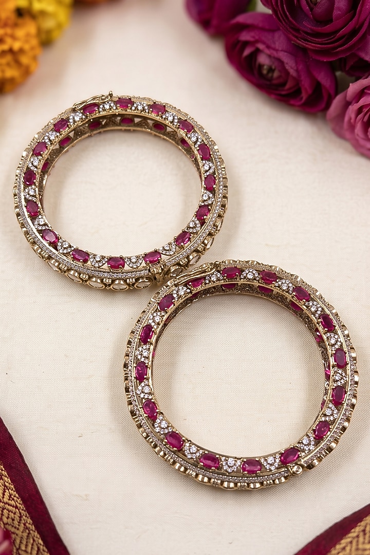 Victorian Finish Kundan Polki & Emerald Stone Bangles (Set Of 2) by IndieBlingz at Pernia's Pop Up Shop