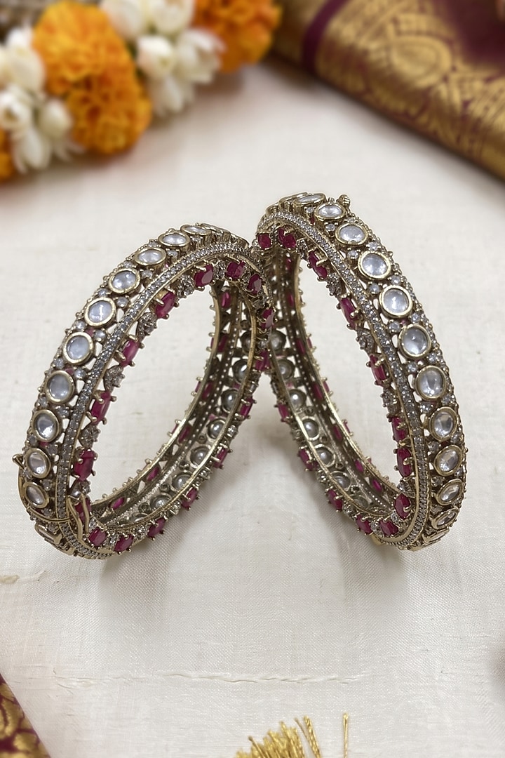 Victorian Finish Kundan Polki & Emerald Stone Bangles (Set Of 2) by IndieBlingz at Pernia's Pop Up Shop