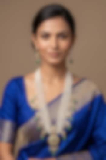 Gold Finish Freshwater Pearl & Green Kundan Polki Long Necklace Set by IndieBlingz at Pernia's Pop Up Shop