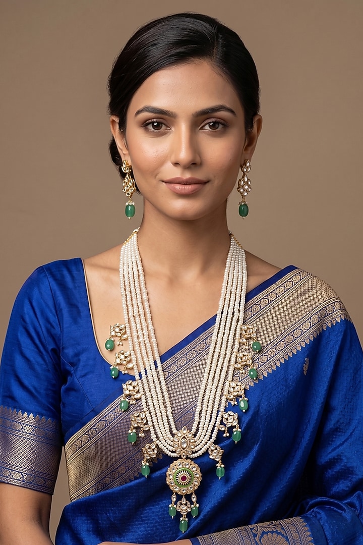 Gold Finish Freshwater Pearl & Green Kundan Polki Long Necklace Set by IndieBlingz at Pernia's Pop Up Shop