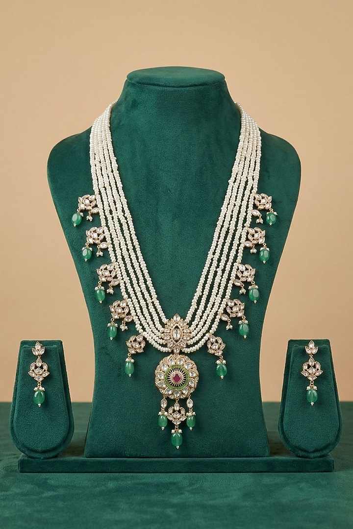 Gold Finish Freshwater Pearl & Green Kundan Polki Long Necklace Set by IndieBlingz at Pernia's Pop Up Shop