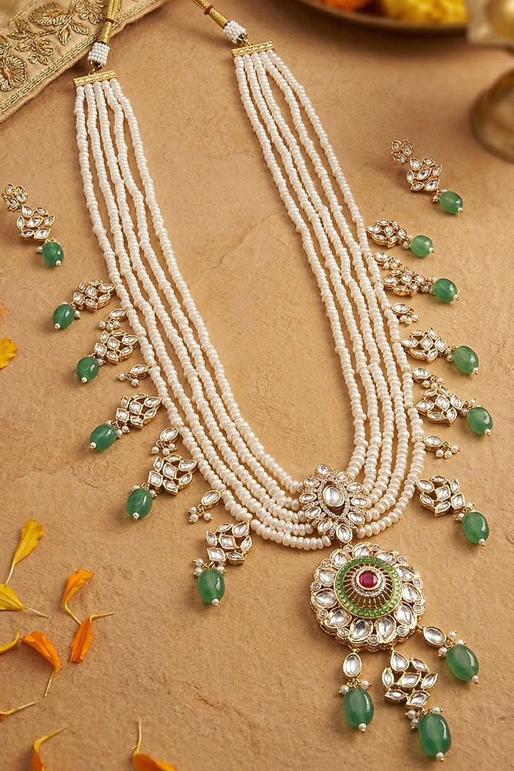 Gold Finish Freshwater Pearl & Green Kundan Polki Long Necklace Set by IndieBlingz at Pernia's Pop Up Shop