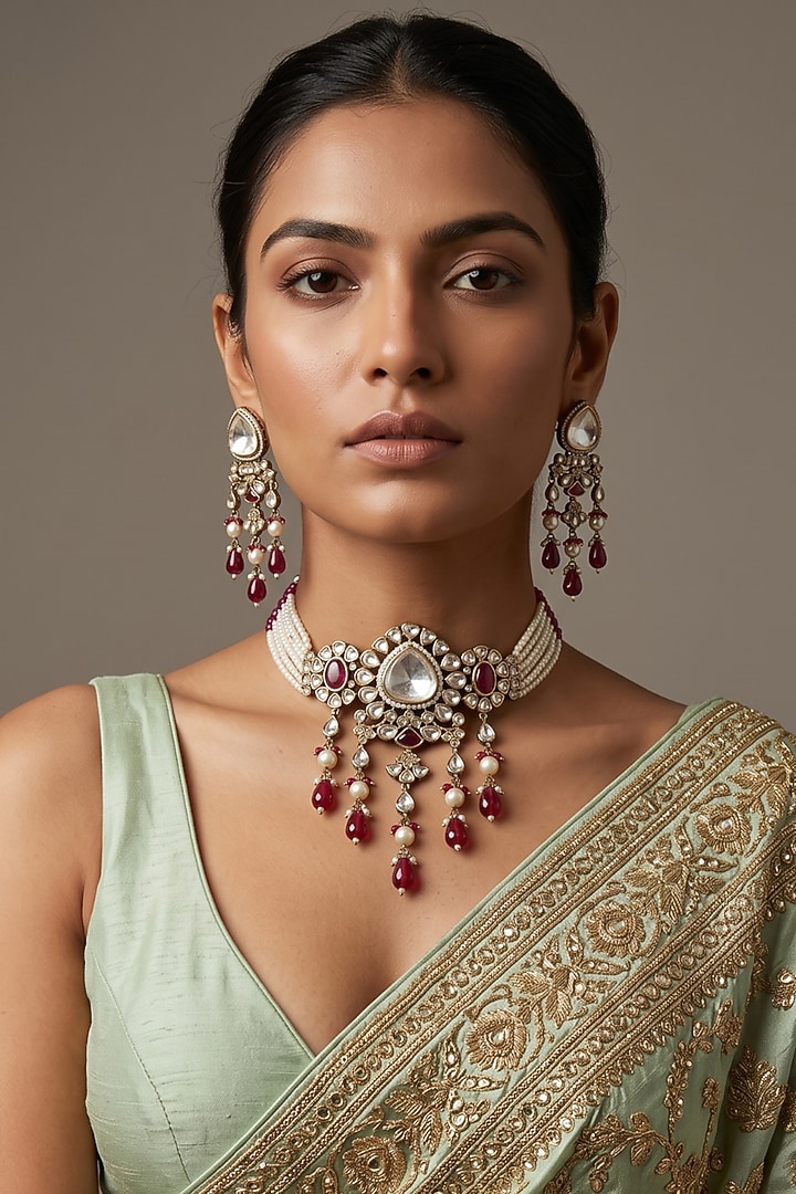 Victorian Finish Kundan Polki & Red Beaded Choker Necklace Set by IndieBlingz at Pernia's Pop Up Shop
