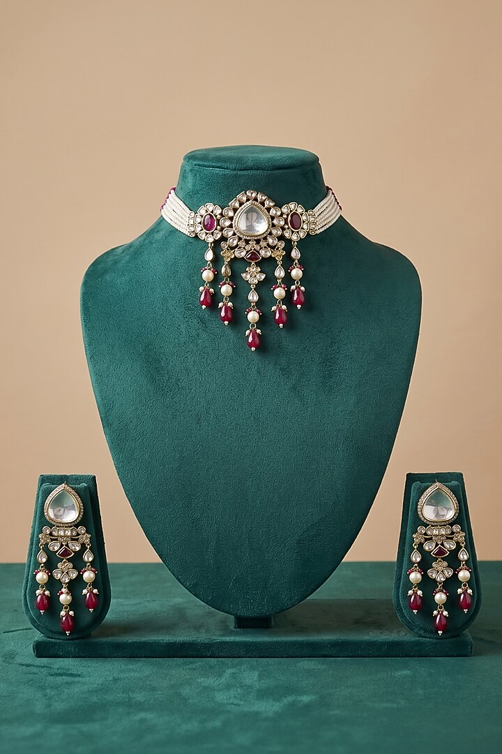 Victorian Finish Kundan Polki & Red Beaded Choker Necklace Set by IndieBlingz at Pernia's Pop Up Shop