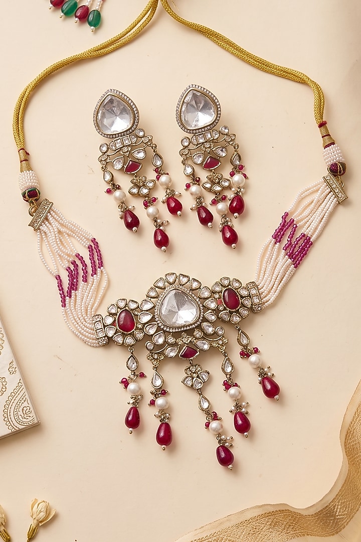 Victorian Finish Kundan Polki & Red Beaded Choker Necklace Set by IndieBlingz at Pernia's Pop Up Shop