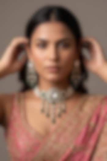 Victorian Finish Kundan Polki & Green Beaded Choker Necklace Set by IndieBlingz at Pernia's Pop Up Shop