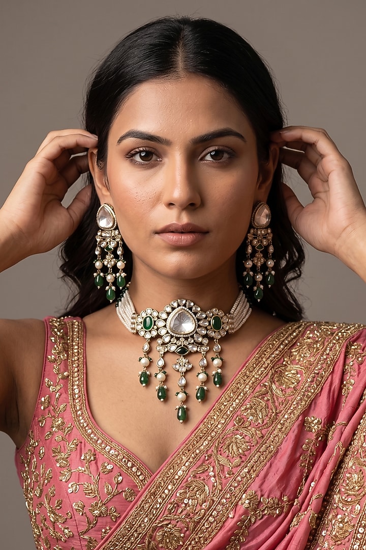 Victorian Finish Kundan Polki & Green Beaded Choker Necklace Set by IndieBlingz at Pernia's Pop Up Shop