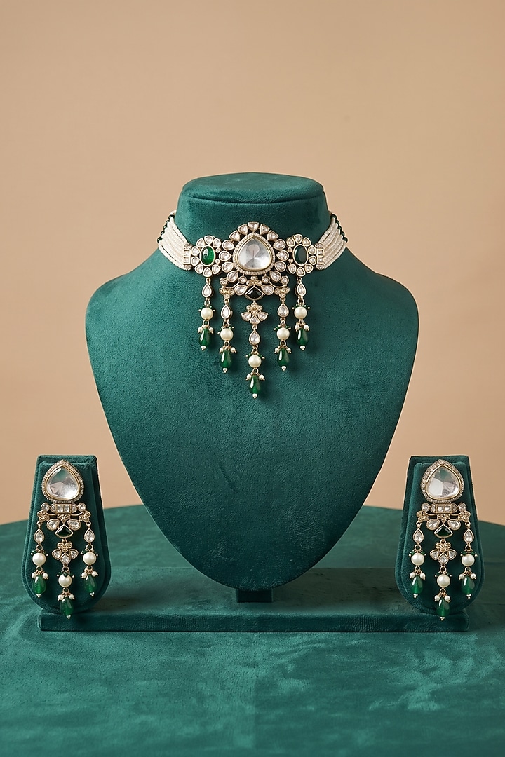 Victorian Finish Kundan Polki & Green Beaded Choker Necklace Set by IndieBlingz at Pernia's Pop Up Shop