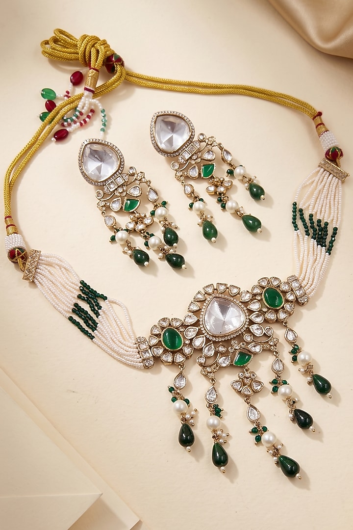 Victorian Finish Kundan Polki & Green Beaded Choker Necklace Set by IndieBlingz at Pernia's Pop Up Shop